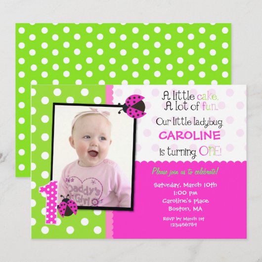 Ladybug Foto 1st Birthday Party Invitation Kaart (Voorkant / Achterkant)
