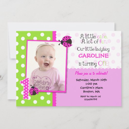 Ladybug Foto 1st Birthday Party Invitation Kaart (Voorkant)