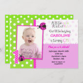Ladybug Foto 1st Birthday Party Invitation Kaart (Voorkant / Achterkant)
