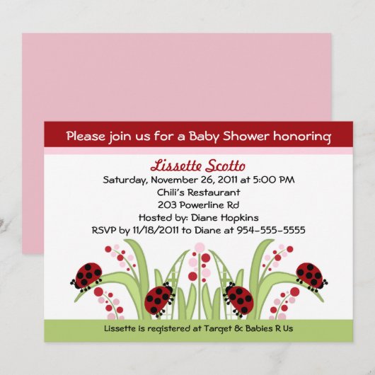 Ladybug Garden #2 Baby Shower Invitations Kaart (Voorkant / Achterkant)