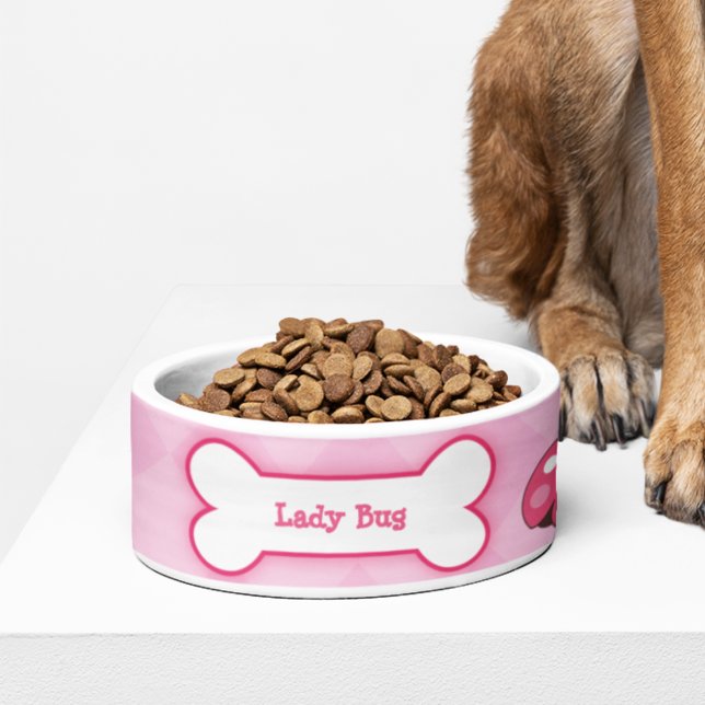Ladybug Garden Dog Bone Dog Dish - Licht Roze Voerbakje (Ladybug Dog Bowl with personalized name)