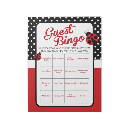 Ladybug Gast Bingo Baby shower Game Pack Notitieblok (Linkerzijde)