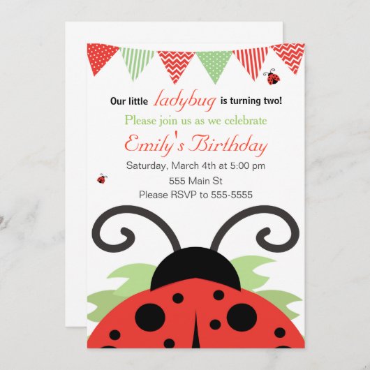Ladybug Girl Birthday-uitnodiging Kaart (Voorkant / Achterkant)