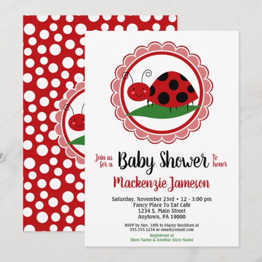 Ladybug Girls Baby shower Invitation Kaart (Voorkant / Achterkant)