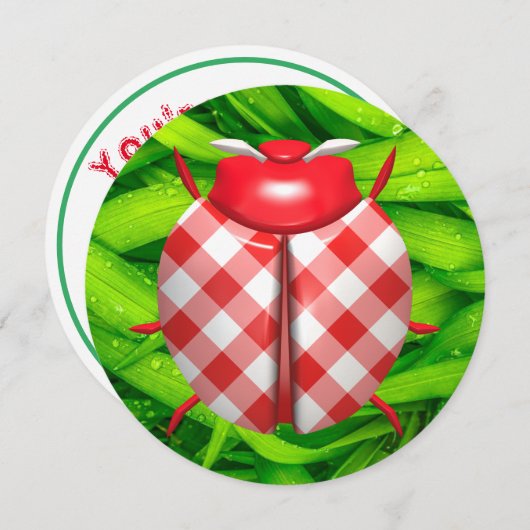 Ladybug gras gingham check schattig rood wit groen kaart (Voorkant / Achterkant)