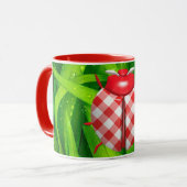 Ladybug gras gingham check schattig rood wit groen mok (Voorkant links)