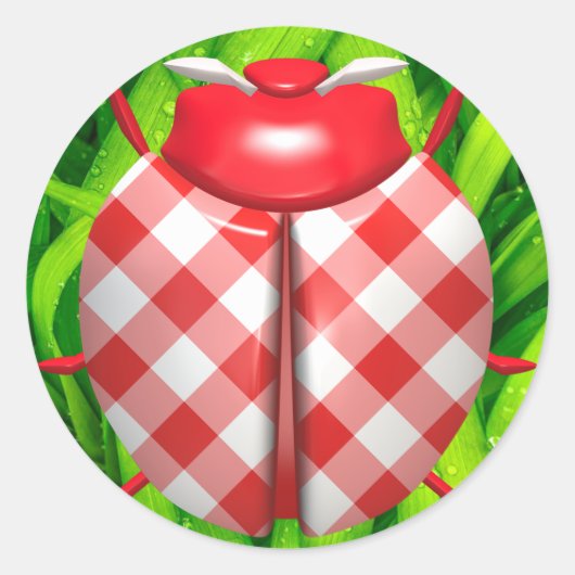 Ladybug gras gingham check schattig rood wit groen ronde sticker (Voorkant)