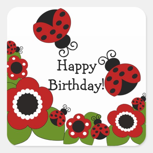 Ladybug Happy Birthday Square Sticker (Voorkant)