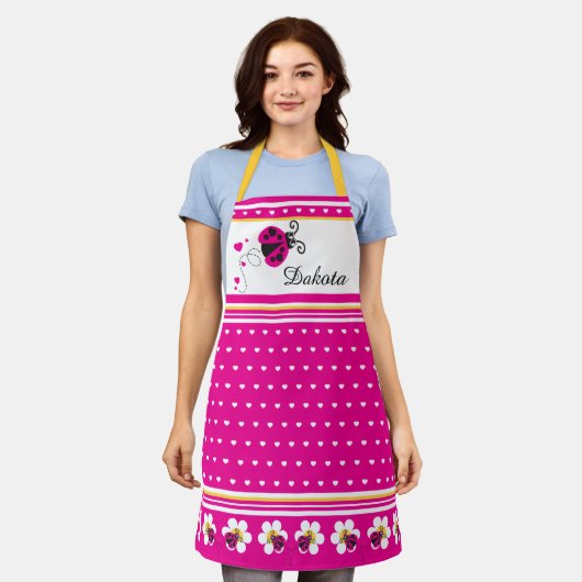 Ladybug hartstip en bloemen roze wit geel schort (Gedragen)