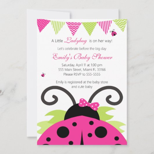 Ladybug Hot Pink Baby shower Party Invitation Kaart (Voorkant)
