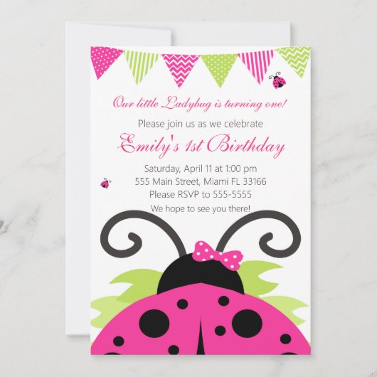 Ladybug Hot Pink Kids Birthday Party Invitation Kaart (Voorkant)