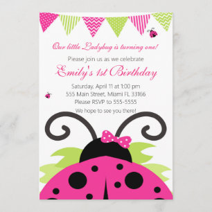 Ladybug Hot Pink Kids Birthday Party Invitation Kaart