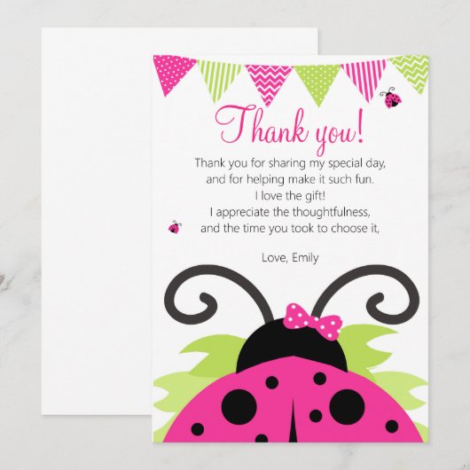 Ladybug Hot Pink Party Bedankkaart (Voorkant / Achterkant)