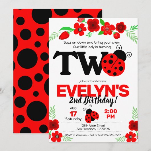 Ladybug Invitation for 2nd Birthday Kaart (Voorkant / Achterkant)