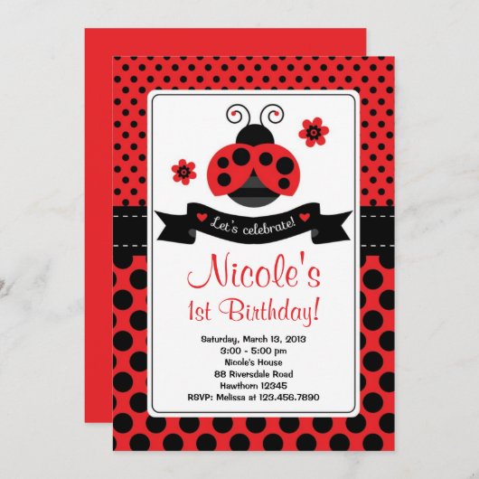 Ladybug Invitation / Lady Bug Invitation Kaart (Voorkant / Achterkant)