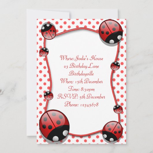Ladybug Kinderen First Birthday Party Invitation Kaart (Achterkant)