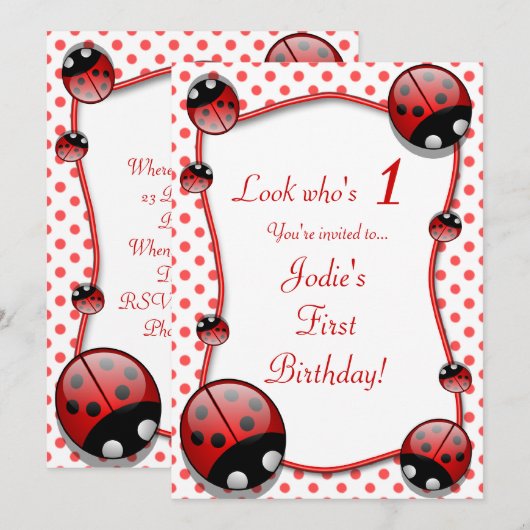 Ladybug Kinderen First Birthday Party Invitation Kaart (Voorkant / Achterkant)