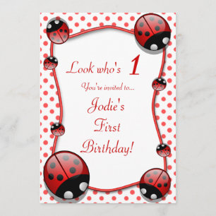 Ladybug Kinderen First Birthday Party Invitation Kaart