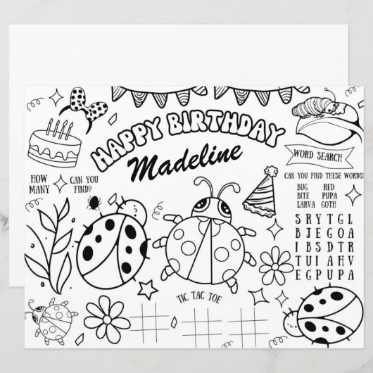 Ladybug Kleurplaat Verjaardag Placemat Decor Kinde (Voorkant / Achterkant)
