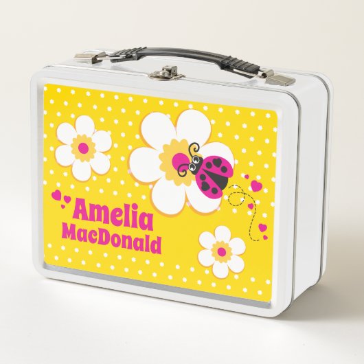 Ladybug ladybird roze gele meisjes naam lunchbox (Voorkant)