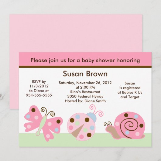Ladybug Lullaby/Butterfly Baby shower Invitation Kaart (Voorkant / Achterkant)