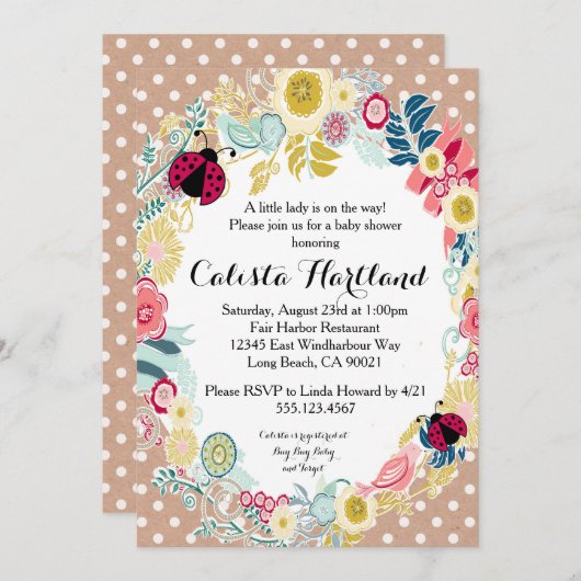 Ladybug meisje Baby shower bloemenuitnodiging Kaart (Voorkant / Achterkant)