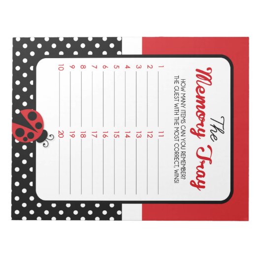 Ladybug Memory Tray Baby shower Game Pack Notitieblok (Voorkant)