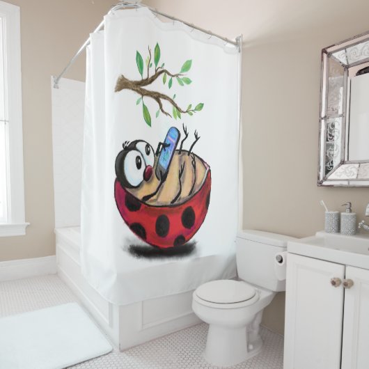 Ladybug met Phone Fun Shower Curtain Spring Douchegordijn (In situ)