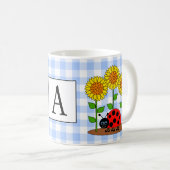 Ladybug met zonnebloemen Blue Gingham Monogram Koffiemok (Voorkant rechts)