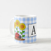 Ladybug met zonnebloemen Blue Gingham Monogram Koffiemok (Voorkant links)