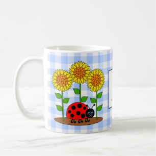 Ladybug met zonnebloemen Blue Gingham Monogram Koffiemok