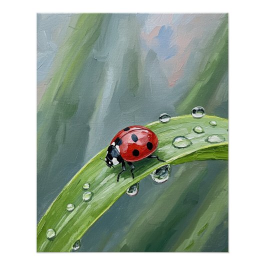 Ladybug on a Dewy Leaf – Nature Art Print Perfect Poster (Voorkant)