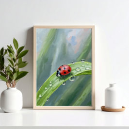 Ladybug on a Dewy Leaf – Nature Art Print Perfect Poster