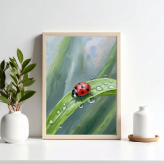 Ladybug on a Dewy Leaf – Nature Art Print Perfect Poster