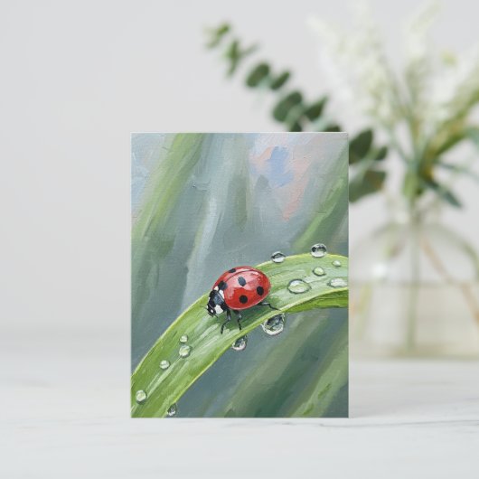 Ladybug on a Dewy Leaf – Nature Postcard Briefkaart (Staand voorkant)