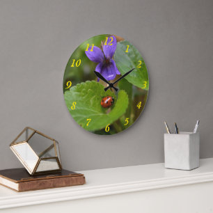 Ladybug op Sweet Violet Flowers Grote Klok