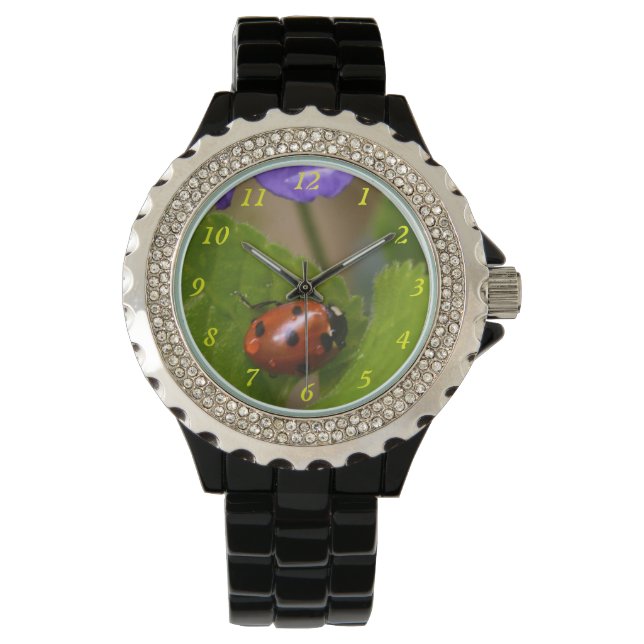 Ladybug op Sweet Violet Flowers Horloge (Voorkant)