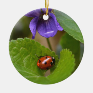 Ladybug op Sweet Violet Flowers Keramisch Ornament