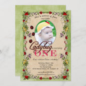 Ladybug Party Invitation - Foto, 1 jaar oud Kaart (Voorkant / Achterkant)