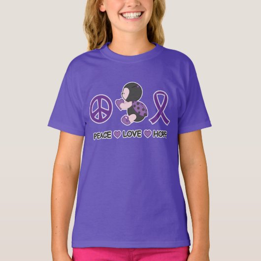 Ladybug Peace Love Hope Paars Awareness Ribbon T-shirt (Voorkant)
