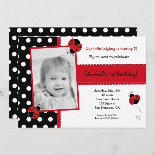 Ladybug Photo BIrthday Party-uitnodigingen Kaart (Voorkant / Achterkant)