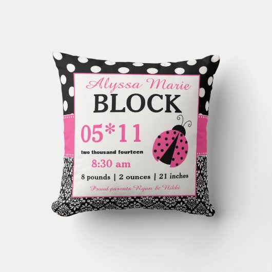 Ladybug Pink Black Baby Announcement Pillow Kussen (Voorkant)