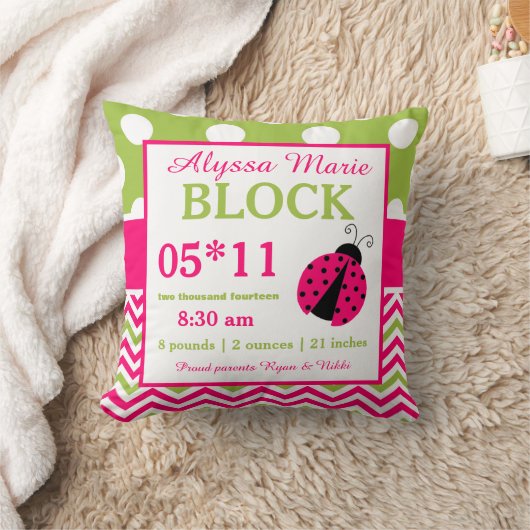 Ladybug Pink Green Baby Announcement Pillow Kussen (Deken)