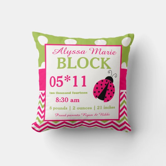 Ladybug Pink Green Baby Announcement Pillow Kussen (Voorkant)