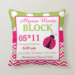 Ladybug Pink Green Baby Announcement Pillow Kussen