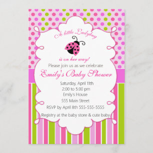 Ladybug Pink Green Girl Baby shower Invitation Kaart