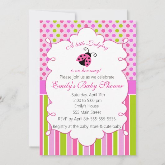 Ladybug Pink Green Girl Baby shower Uitnodiging (Voorkant)