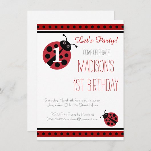Ladybug Polka Dots Birthday Party Invitations Kaart (Voorkant / Achterkant)