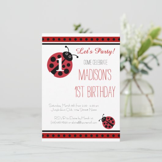 Ladybug Polka Dots Birthday Party Invitations Kaart (Staand voorkant)