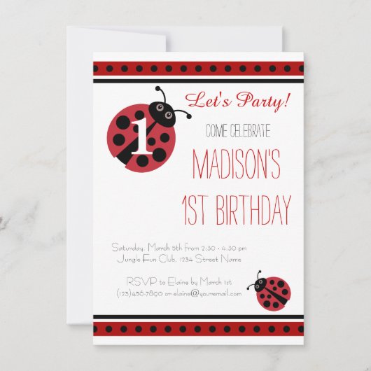 Ladybug Polka Dots Birthday Party Invitations Kaart (Voorkant)